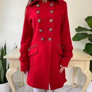 Guess double breasted long military jacket/coat red XS women
